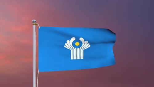 Waving Flag with Abstract Symbol Against Gradient Sky