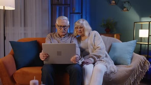 Senior Couple Using Laptop in Cozy Living Room