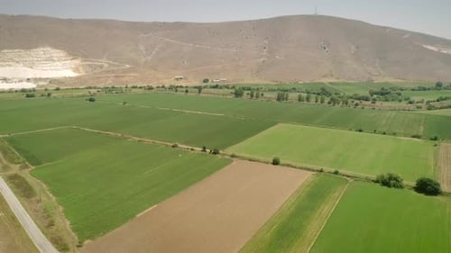 Aerial view of fields surrounded by vegetation and hills.