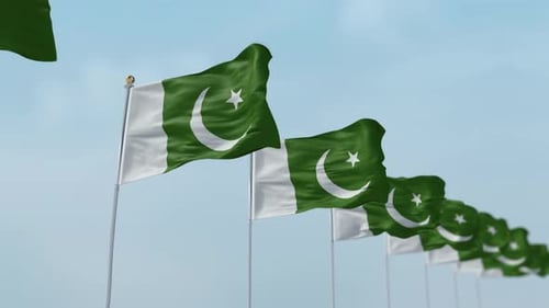 Waving Pakistan National Flags Against Blue Sky