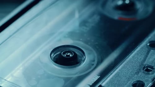 Close Up of a Spinning Cassette Tape