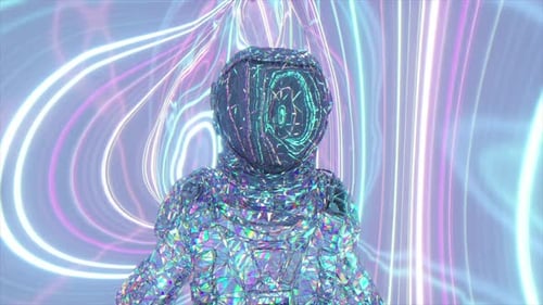 Futuristic Crystalline Humanoid in Abstract Neon Light Tunnel