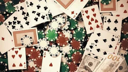 Playing Cards, Poker Chips, Money Falling Overhead