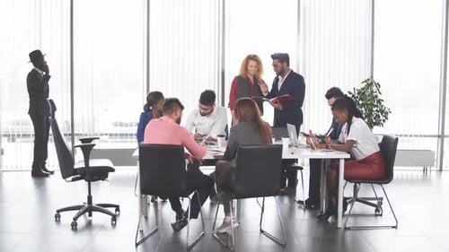 Diverse Team Collaborating in Modern Bright Office Meeting