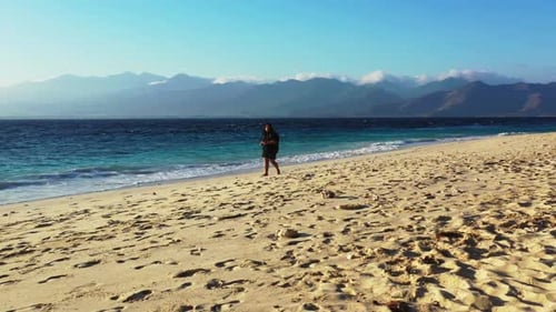 Single female suntans on relaxing bay beach holiday by turquoise sea and white sandy background of t