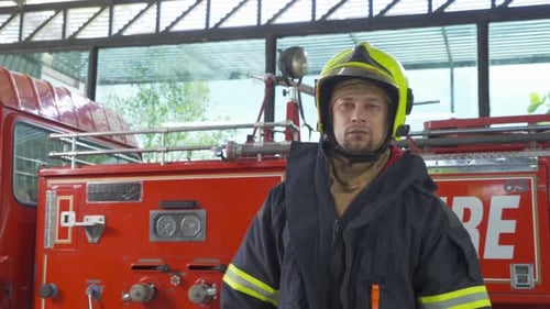Firefighter Poses Proudly in Front of Fire Truck