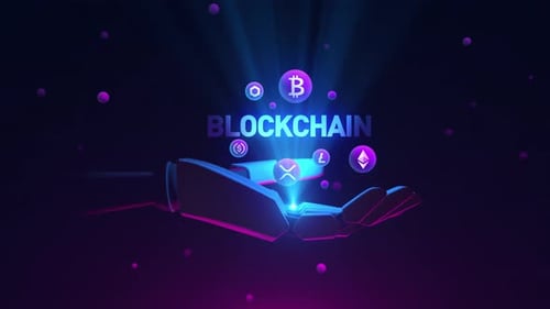 Futuristic Robotic Hand Reveals Blockchain and Cryptocurrency Icons