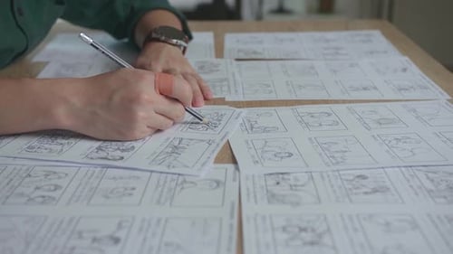Hands Man Drawing Storyboard Animation Comic Cartoon, Design Creative Scene Layout At Studio
