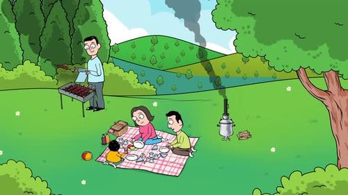 Animated Family Enjoying Barbecue Picnic in Nature
