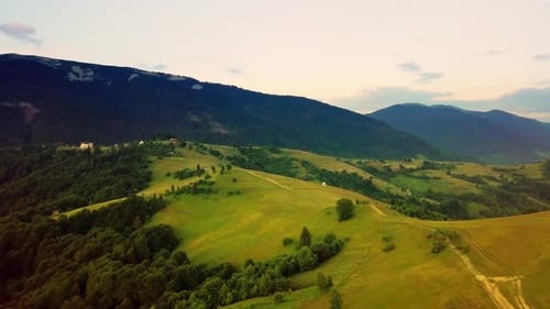 Aerial View of the Endless Lush Pastures of the Carpathian Expanses and Agricultural Land