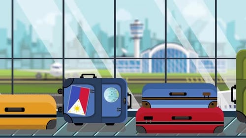 Animated Travel Suitcases with Philippine Flags on Airport Conveyor