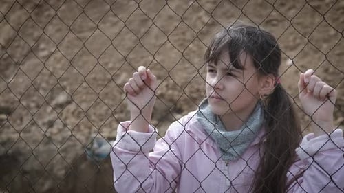 Sad Child Holding a Chain Link Fence