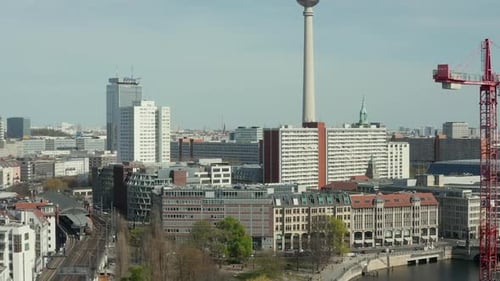 AERIAL: Wide View of Empty Berlin with Spree River and Train Tracks with View of Alexanderplatz TV