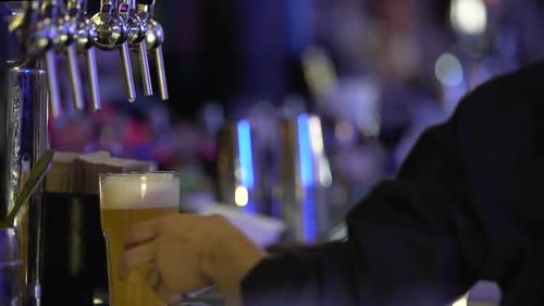 Bar Employee Hands Customer a Big Glass of Fresh Beer with Frothy White Foam