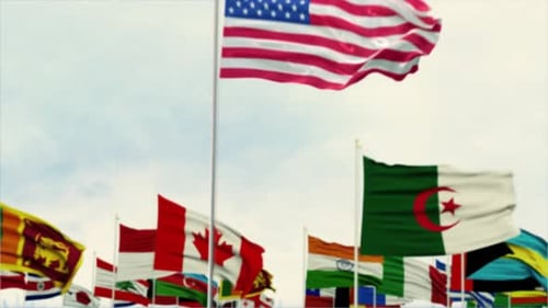 Waving International Flags with United States Flag Focus