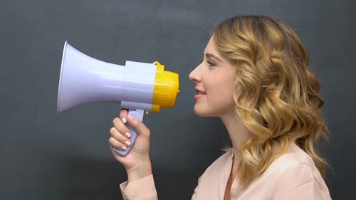 Attractive Young Woman Making Announcement in Loudspeaker, Lucrative Deal Promo