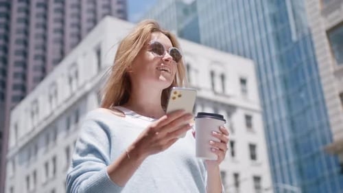 Beautiful Woman Standing Using Smartphone Big City Street at Office Buildings