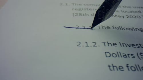 Fountain Pen Drawing Line on Business Paper. Person Crossing Text in Contract