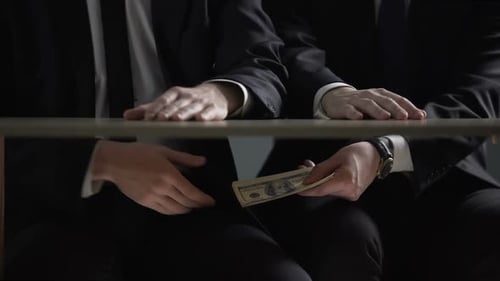 Politician Hands Taking Bribe Money Under Office Table, Lobbying of Interests