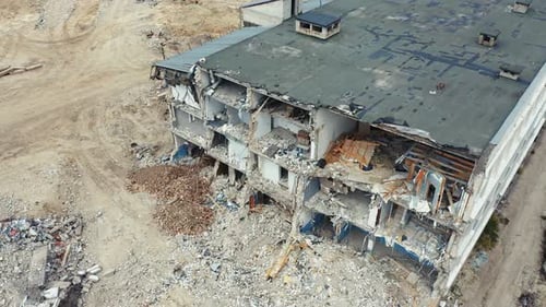 Fly Over Ruined House After Building Demolition. Drone Shots After the Earthquake