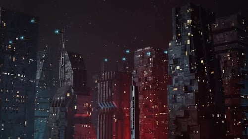 Futuristic, Dystopian Sci-Fi City at Night Establishing Shot - With Flying Cars