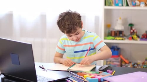 Young Boy Drawing at Desk in Home
