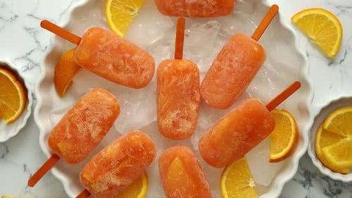 Refreshing Orange Ice Pops on Ice with Orange Slices