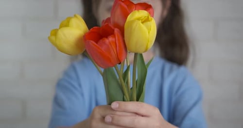 Child Smells Tulips Holding Bouquet