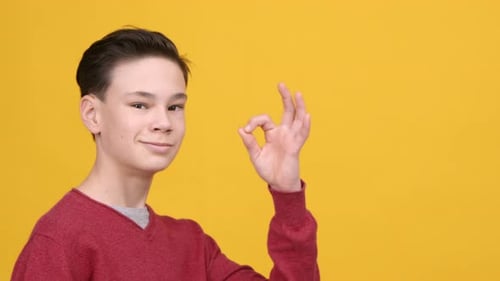 Teen Shows Okay Hand Gesture on Yellow Background