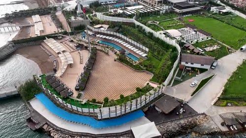Beach Infrastructure of hotels aerıal vıew Turkey Alanya 4K