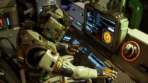 Futuristic Astronaut Operating Control Panel in Space Station