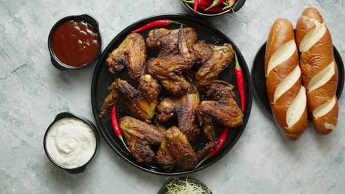 Overhead Shot of Chicken Wings and Food
