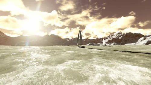 Sailboats Navigating Wavy Waters Amidst Snowy Mountains at Sunset