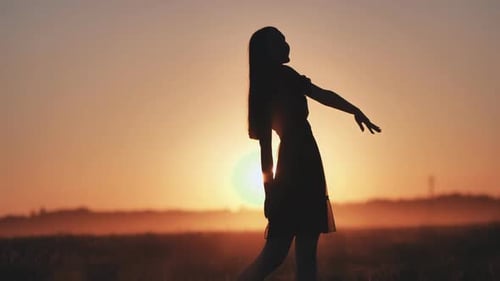 Silhouette of Woman Dancing in Field at Sunset
