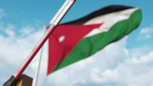 Quarantine Barrier Descends with Waving National Flag Animation