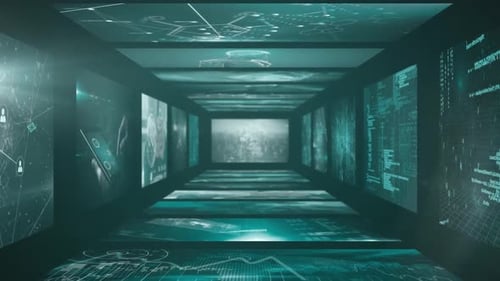 Animation of screens with network of connections and digital data processing on screens