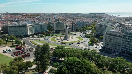 Aerial View. Portugal, Lisbon Sunny Day Marquess of Pombal Square.
