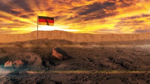 Waving German Flag on Barren Planet with Sunset