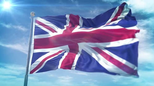 Animated United Kingdom Flag Waving in Sunny Blue Sky