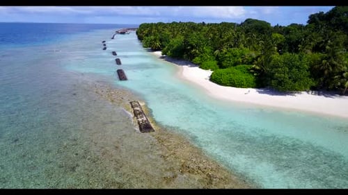 Aerial drone view nature of beautiful bay beach holiday by blue green sea with bright sandy backgrou