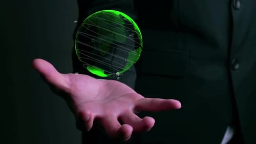 Hand Holding Digital Futuristic Globe and Icons