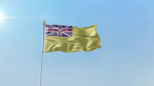 Niue Flag Waving Animation on Blue Sky