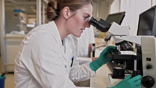 Woman Scientist Using Microscope in Modern Laboratory