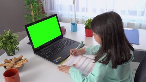 Distance education, little schoolgirl.
