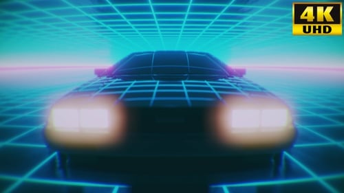 Retro Car Driving Through Neon Grid Tunnel Loop