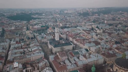 Aerial City Lviv, Ukraine. European City. Popular Areas of the City. Dominican
