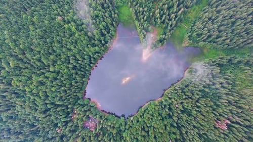Aerial drone flight over mountain lake in pine forest in clouds