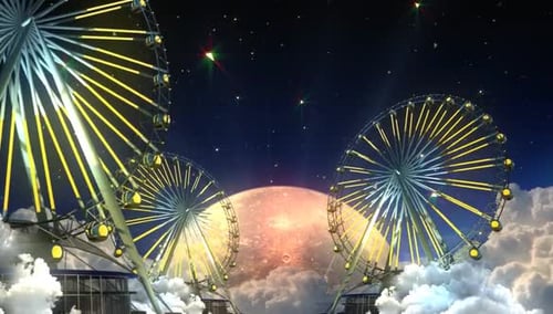 Animated Ferris Wheels at Night with Glowing Moon