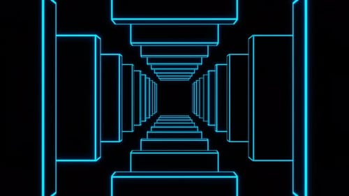Tunnel of Blue Led Neon Squares on Dark Background Seamless Animation