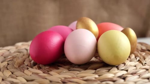 Easter Colorful Eggs on Burlap Background